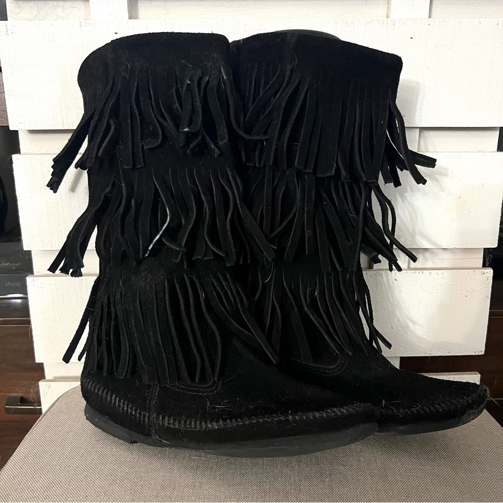 Minnetonka Black 3-Layer Fringe Moccasin Boots